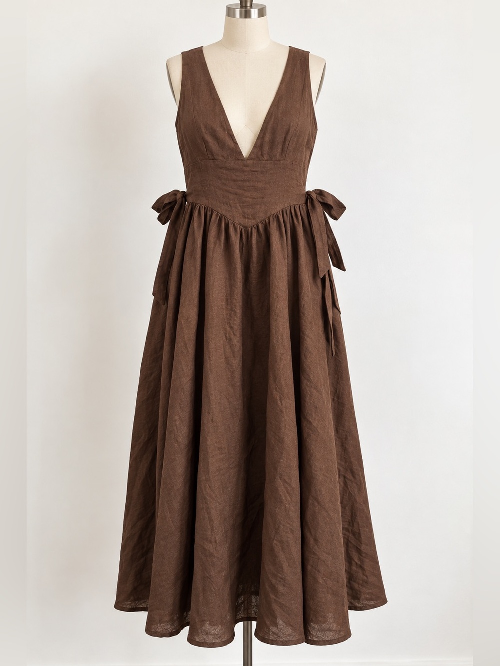 VRG GRL Daphne Chocolate Brown 100% Linen Bow Maxi Dress US 12